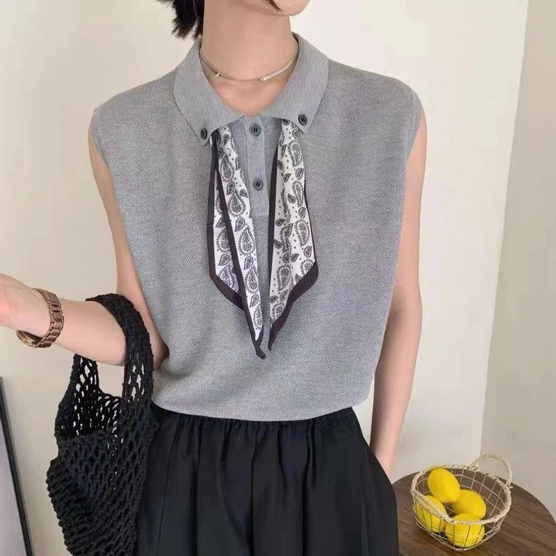2025年新款翻领无袖针织衫配丝巾显瘦减龄韩版小背心夏季洋气小衫