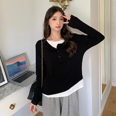 秋季新款辣妹宽松时尚假两件长袖T恤拼接撞色小众性感纯欲风上衣