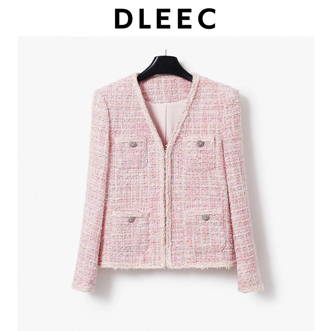 DLEEC 时髦千金装气质粉色精美感小香风时尚V领外套洋气减龄上衣