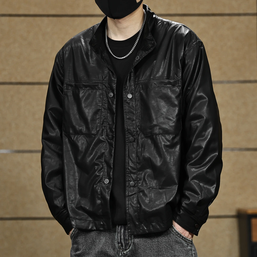 美式立领PU皮衬衫薄外套男款秋季新款痞帅宽松皮夹克男士长袖衬衣