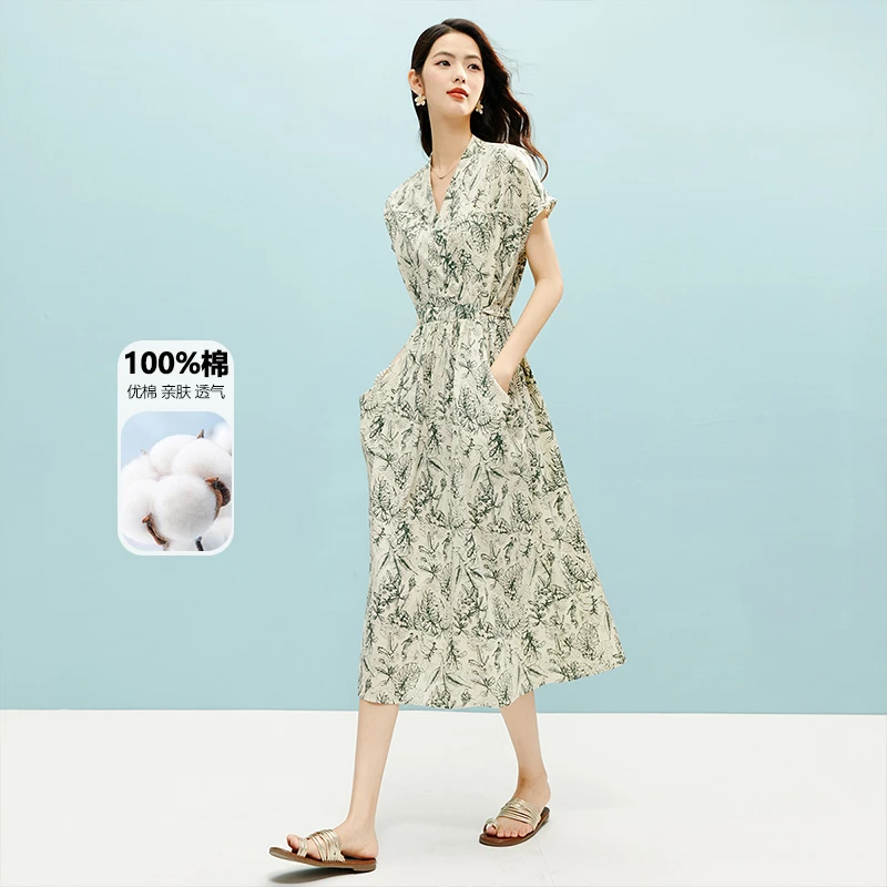 晚白【新品】2025夏棉质裙子全棉印花短袖连衣裙25041511