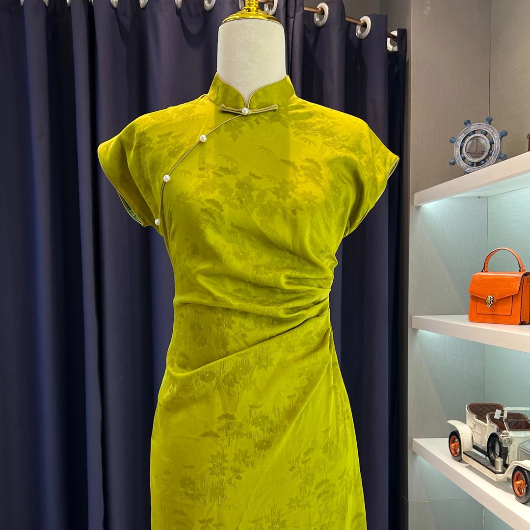 新款春夏遮肉修身显瘦短袖长款旗袍（宜江南橄榄色）