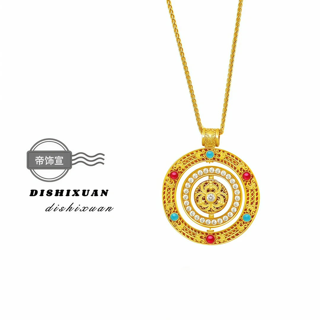 铜合金项链 铜合金项链 福气满满旋转罗盘项链圆盘吊坠转动时尚