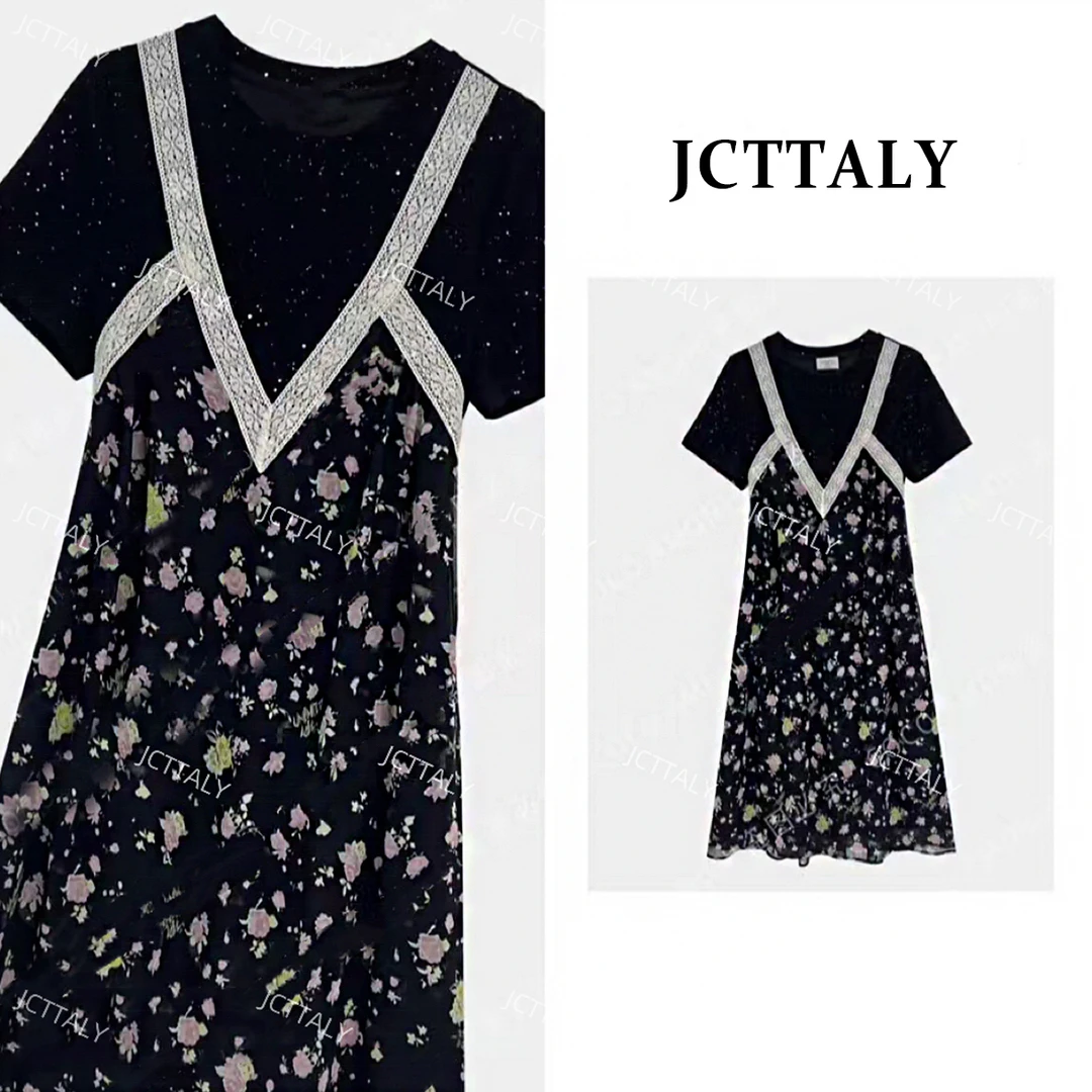 【昕昕I】蕾丝拼接碎花连衣裙女25夏季新款显瘦A字版纱裙JC-A3420