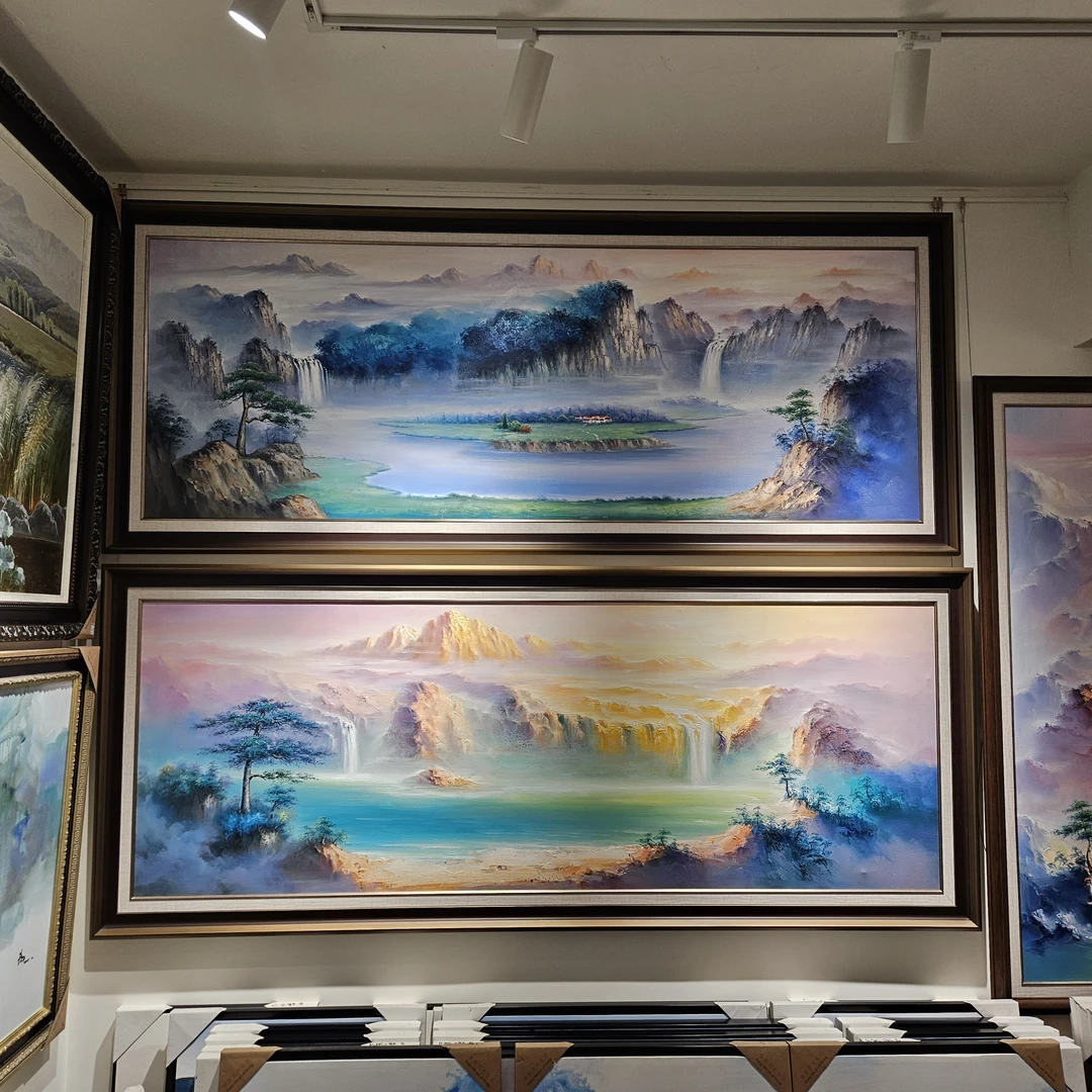 手工新中式山水画客厅办公室装饰画大气背景墙挂画带框99*239厘米