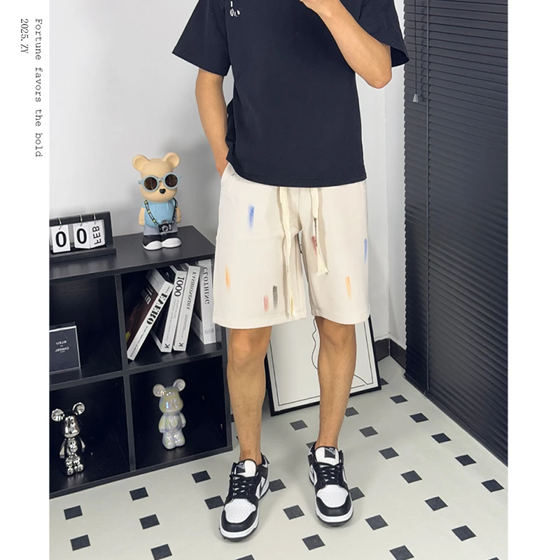 夏季新款条纹涂鸦运动短裤男美式潮流彩色手绘宽松百搭直筒五分裤