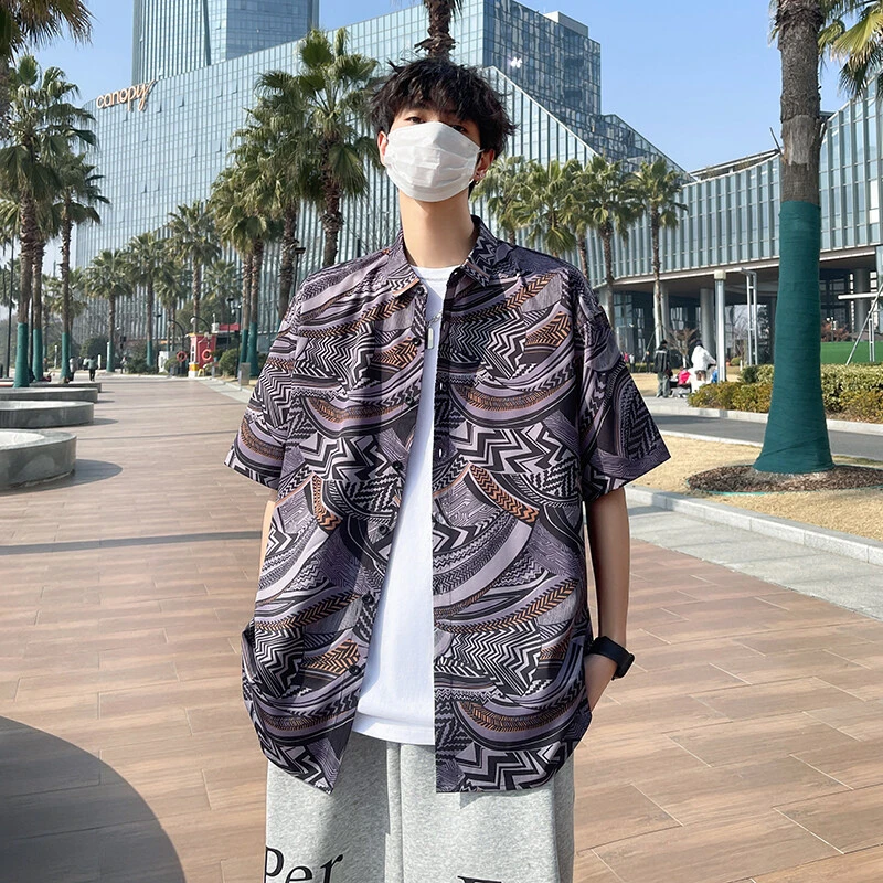 港风复古夏威夷沙滩寸衫夏季潮流碎花冰丝衬衫短袖男薄款衬衣宽松
