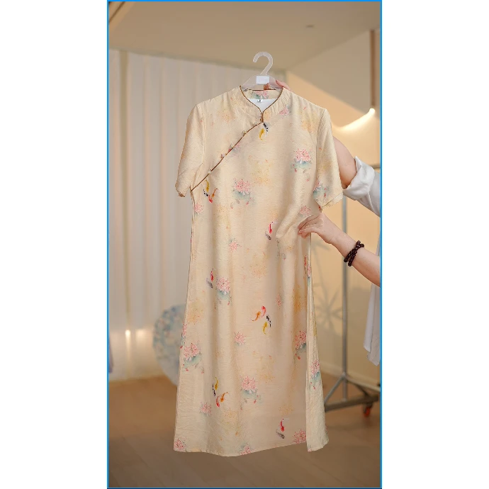 【现货】【年年有余】改良版旗袍新中式国风复古宽松大摆连衣裙-L