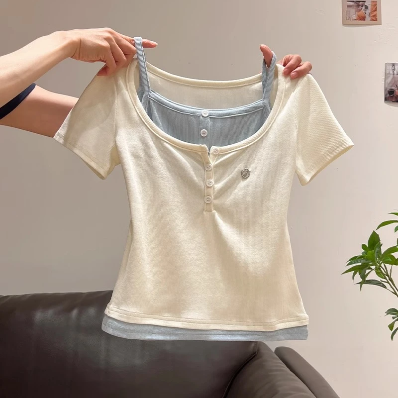 美式BM风撞色T恤假两件半开领短款短袖女夏季高级感小众露脐上衣