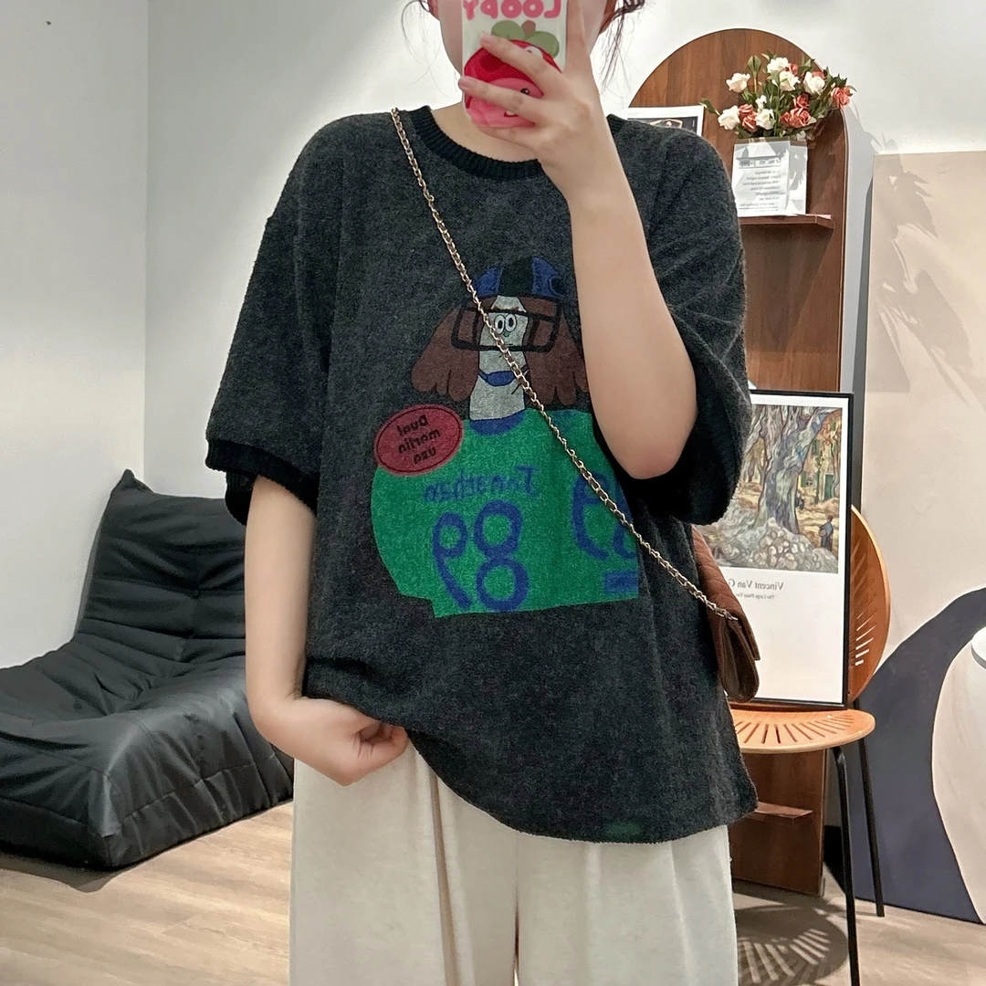 【咔咔】搞怪女孩-圈圈棉印花T恤宽松半袖春季大版圆领短袖K0225