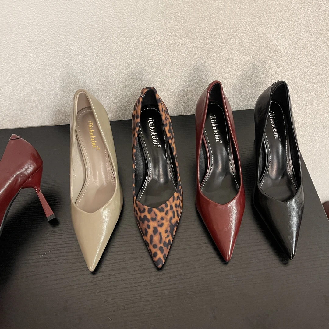 7厘米V口豹纹大长腿高跟鞋气质百搭工作鞋四季单鞋女