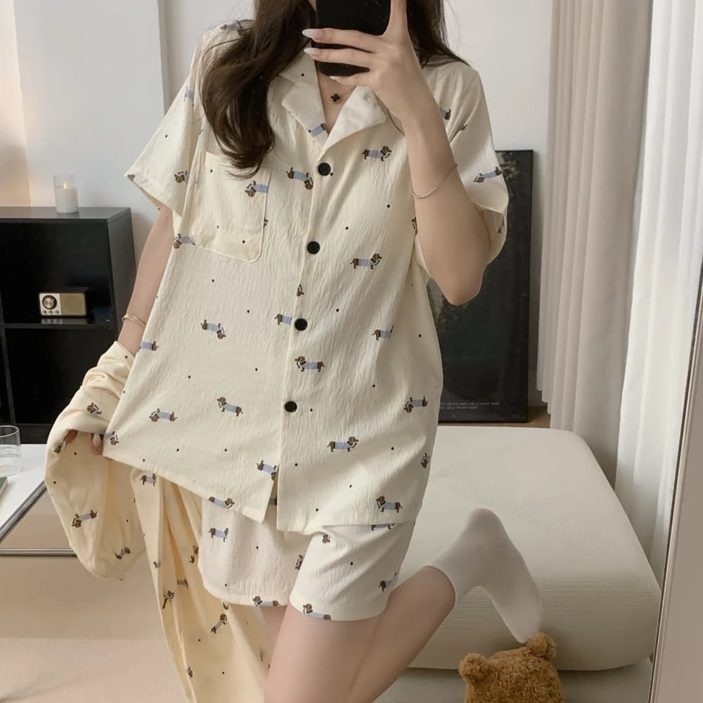 【带胸垫】条纹腊肠狗三件套云朵棉睡衣女夏短袖短裤长裤学生家居服