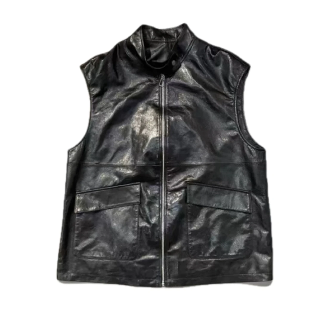 YIYI  2025春款单品  立领拉链宽松无袖皮马甲皮衣