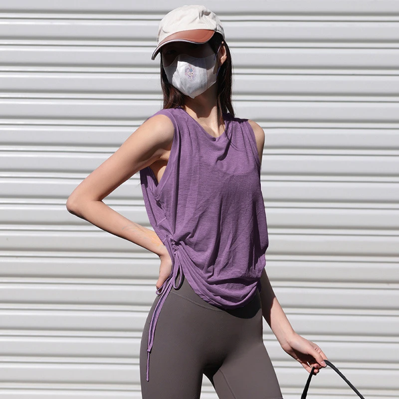 无袖抽绳跑步透气背心女夏季薄款宽松速干罩衫小个子瑜伽健身上衣