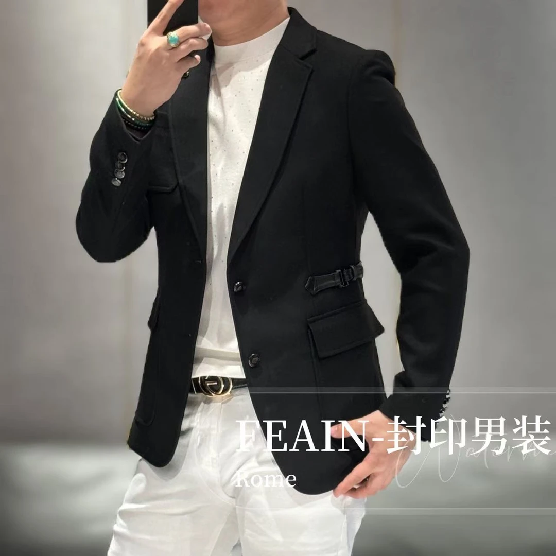 【VEHO】高端男士进口美利奴羊毛混纺真皮拼接西装8058