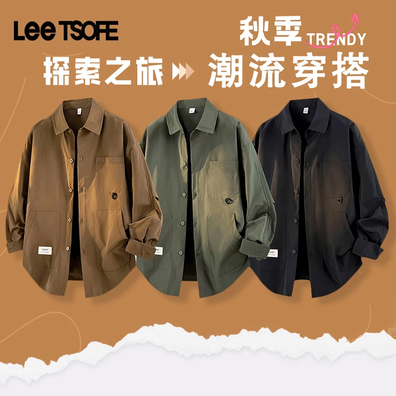 LEE TSOFE2025男士潮流时尚多口袋长袖衬衫秋季翻领宽松百搭上衣