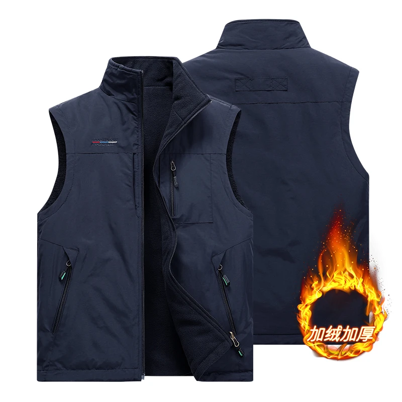 春秋男士户外休闲工装马甲加绒纯色加肥加大中老年宽松钓鱼马甲男