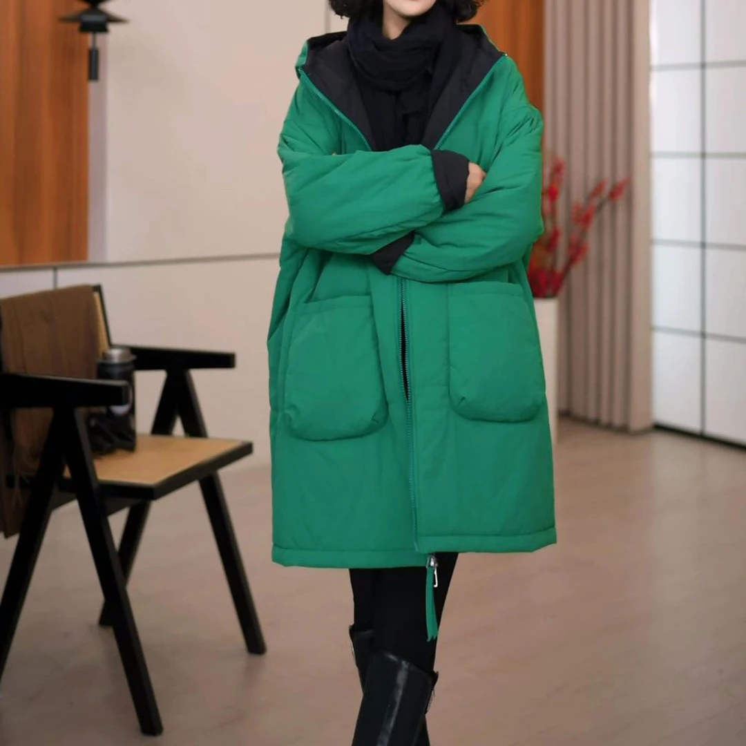 2025秋冬新款简约休闲双面穿棉服时尚设计感中长款保暖连帽棉衣潮