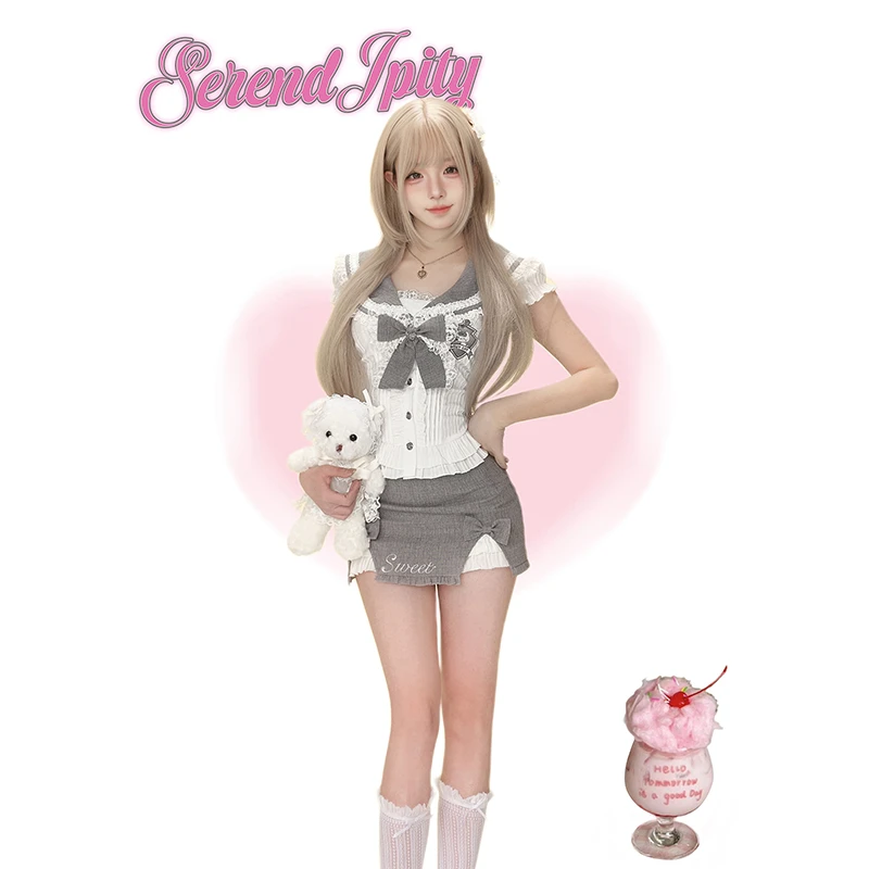 灰糖奶霜 少女椰子原创 白色水手领短袖上衣半身裙套装辣妹jk学院