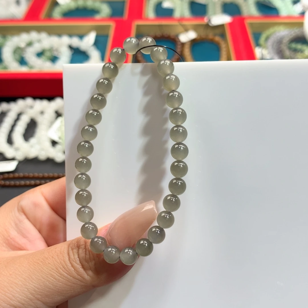 和田玉手串未镶嵌高冰烟灰