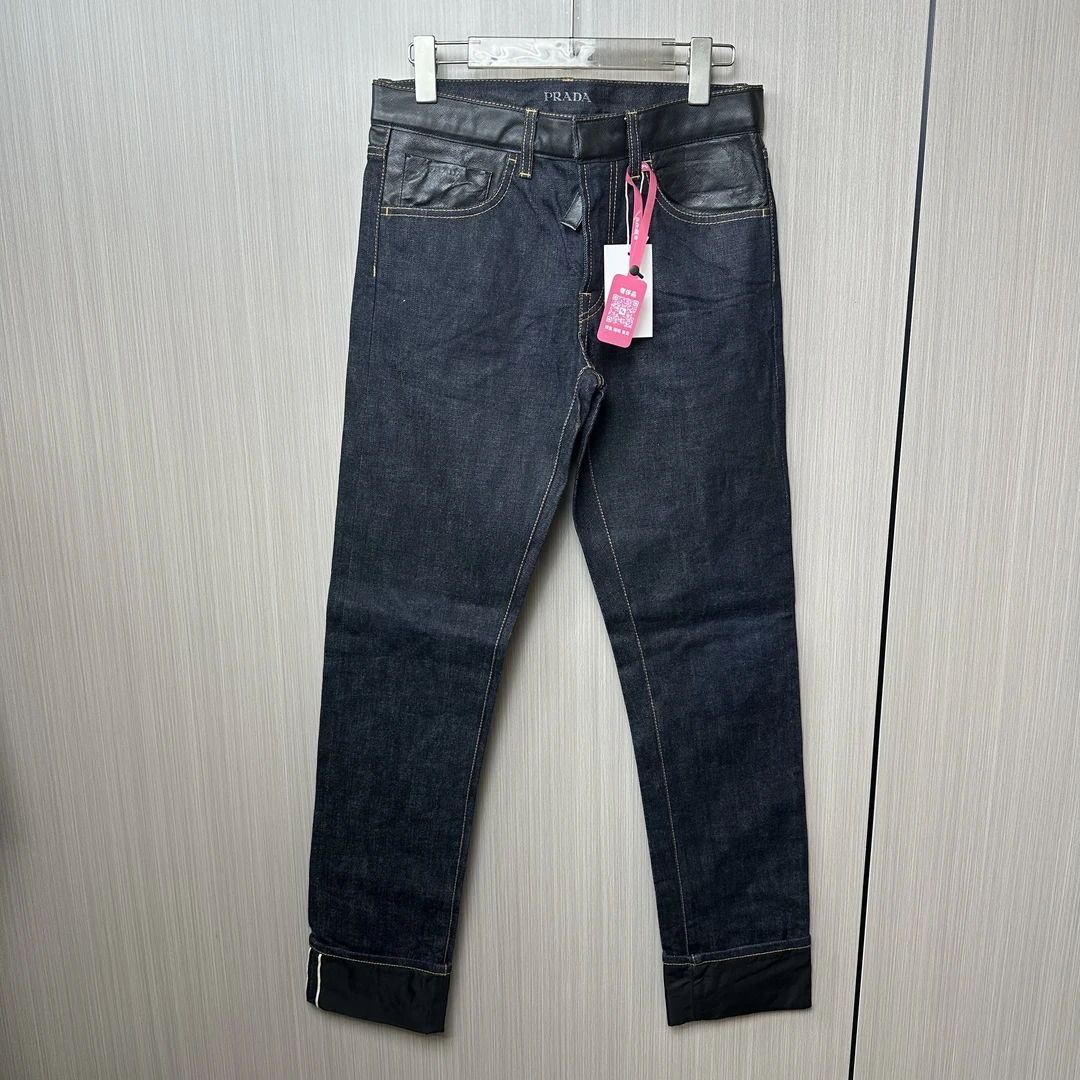 95新 Prada/普拉达 拼皮 藏青色 直筒牛仔裤 28码 Y01154