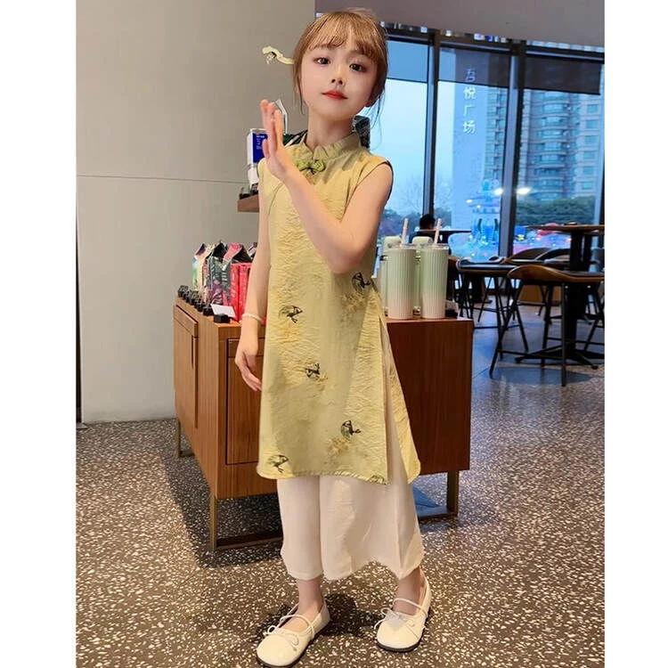 女童无袖洋气新款衣服婴儿春秋儿童休闲潮流童装烟雨扇旗袍套装