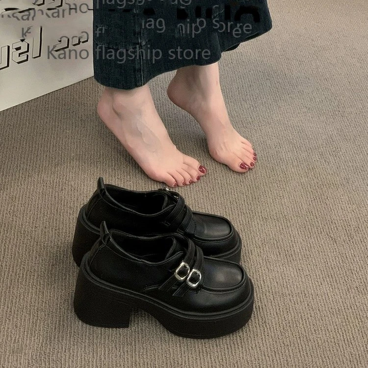 黑色粗跟厚底玛丽珍单鞋女2024新款学院风高跟小众小个子JK小皮鞋