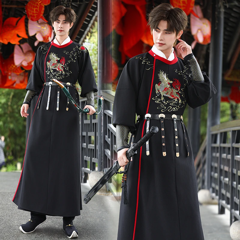 明制新中式国风汉服男款长袍圆领袍套装唐装男生古装古风学生表演