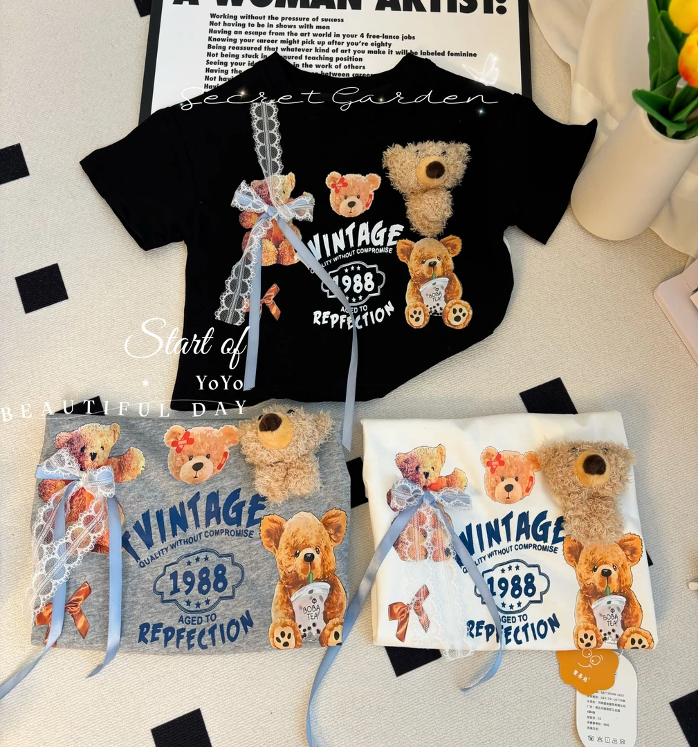 2025新款~儿童女宝时尚卡通立体玩偶休闲百搭宽松短袖棉T恤