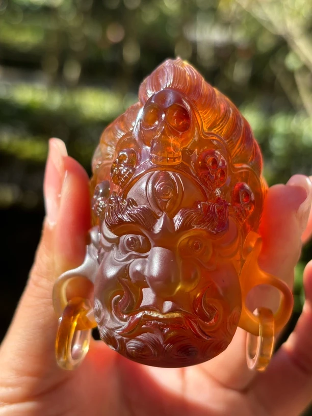 缅甸琥珀棕血珀大师工大黑天守护神吊坠，珍藏品，打孔不支持退换