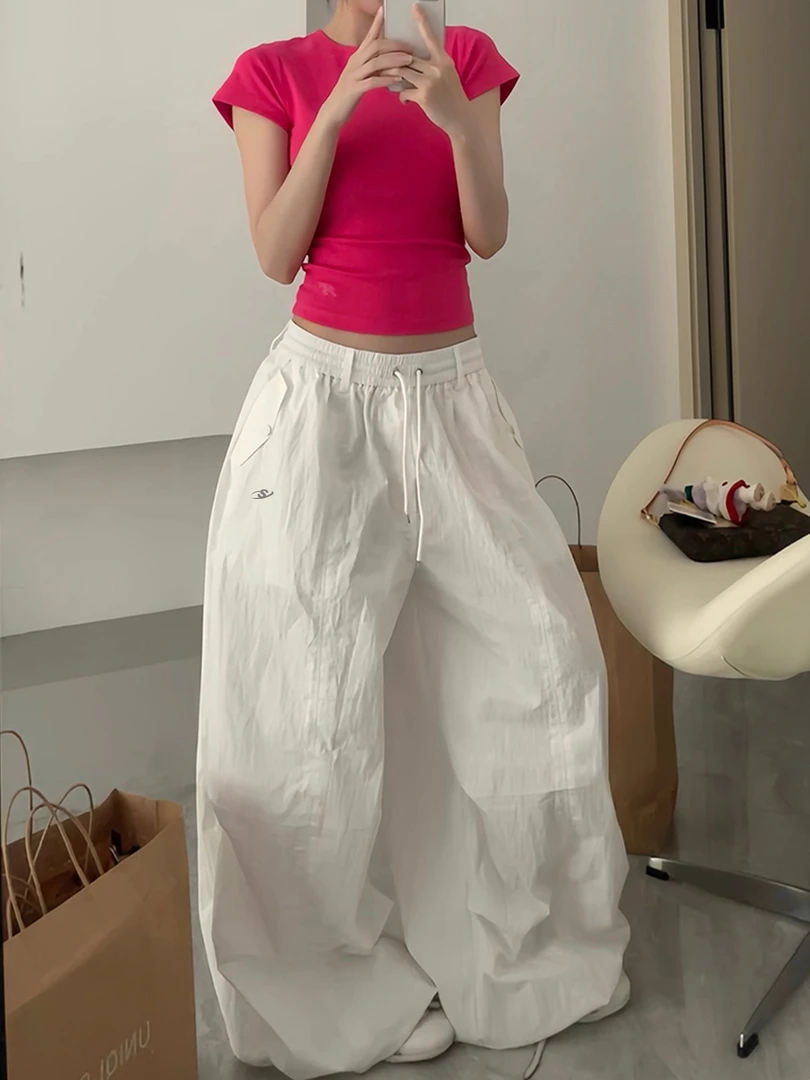 美式廓形白色降落伞抽绳裤女夏季速干薄款皱褶嘻哈街舞休闲阔腿裤