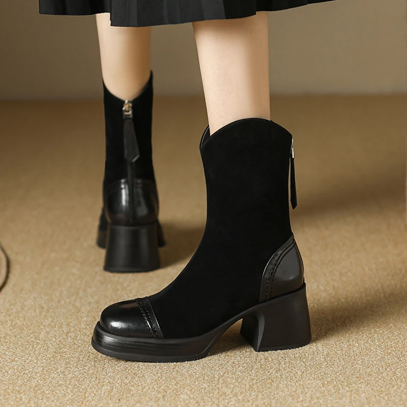 李大龙~牛皮6公分/冬季方跟弹力短靴舒适厚底粗跟百搭瘦瘦靴女靴