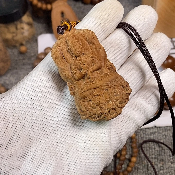 檀香木无事牌老山檀香黑肉雕刻观音吊坠