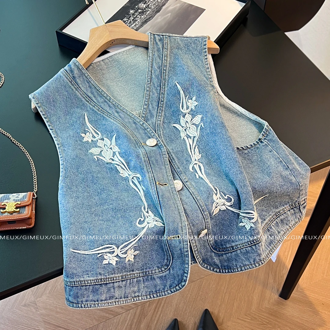 国风设计复古时尚刺绣小个子牛仔马甲女2025新款初秋外搭减龄上衣
