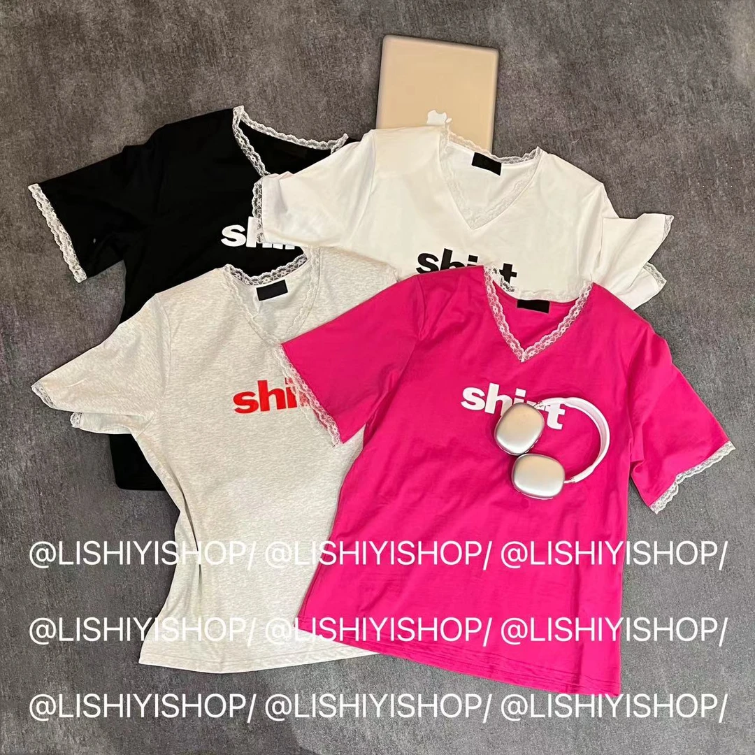 【李十一LISHIYI】时尚气质百搭蕾丝边拼接V领宽松显瘦T恤上衣★6060