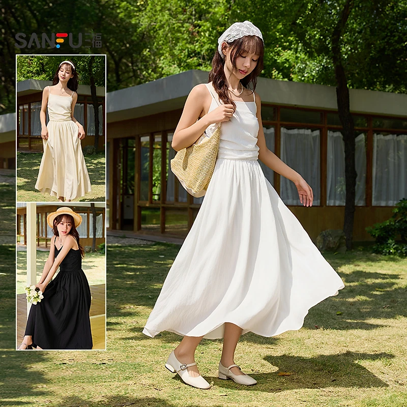 三福 温柔度假连衣裙后背打揽收腰A摆抹胸无袖吊带裙女装499408