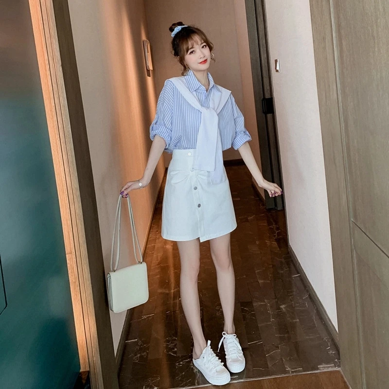 2025新款夏装学院风小清新半身短裙+半袖条纹衬衫女时尚减龄衬衣
