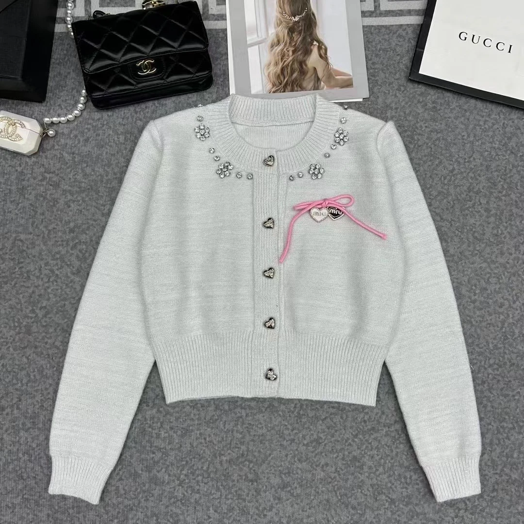 秋冬百搭蝴蝶结钉珠毛衣外套女短款甜美针织开衫名媛气质显瘦