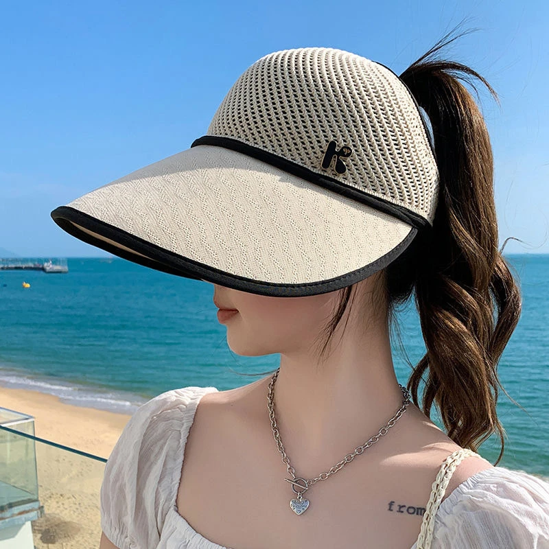 夏季防晒太阳帽空顶遮阳帽针织户外拼接防晒帽便携课卷大檐遮阳帽