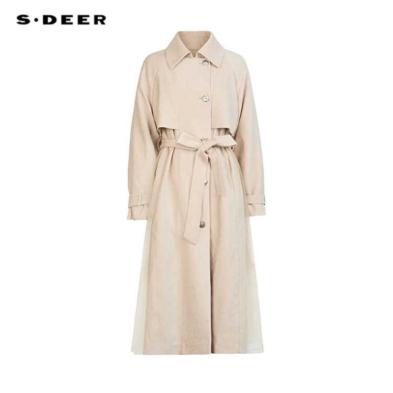 S·DEER圣迪奥女装秋冬翻领收腰风衣大衣款长款羽绒服S244Z2401