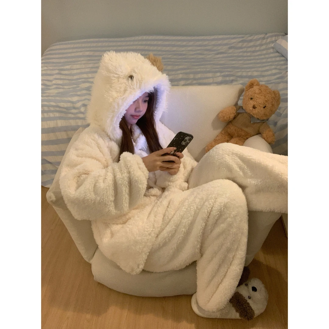 【奶球小羊帽】保暖可爱连帽珊瑚绒睡衣女秋冬套装加厚网红家居服