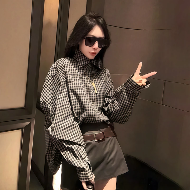 欧洲站休闲格子长袖衬衫女2026春季新款韩版百搭洋气宽松显瘦上衣