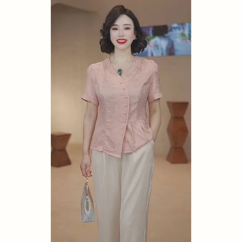 妈妈夏装洋气套装2025新款中老年女装短袖t恤上衣服两件套