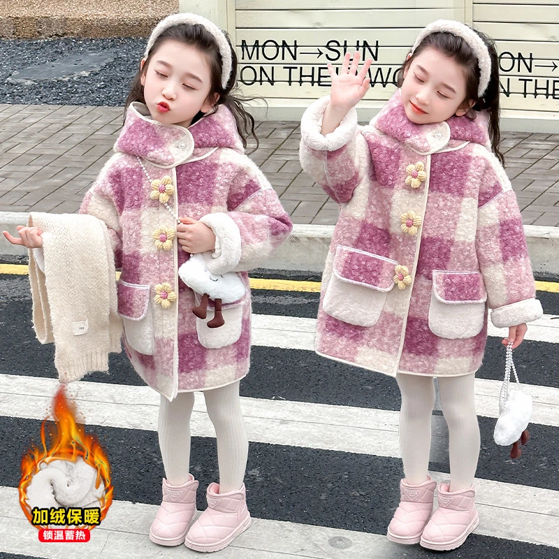 女童毛呢外套秋冬季2025新款洋气儿童加绒加厚女宝宝格子呢子大衣