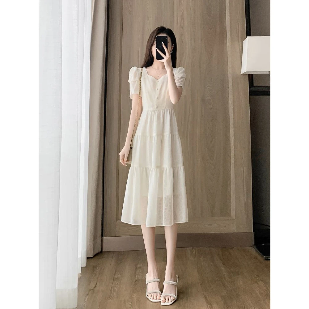 小个子法式白色雪纺连衣裙女夏季2025新款气质收腰遮肚子a字裙子