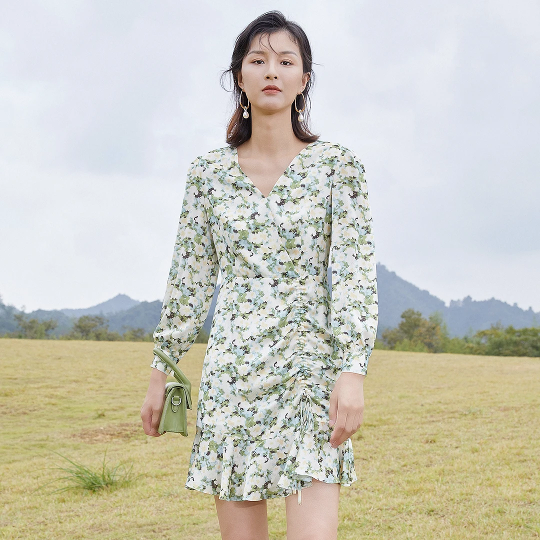 印花连衣裙女2025抽褶荷叶摆拼接裙【123273】