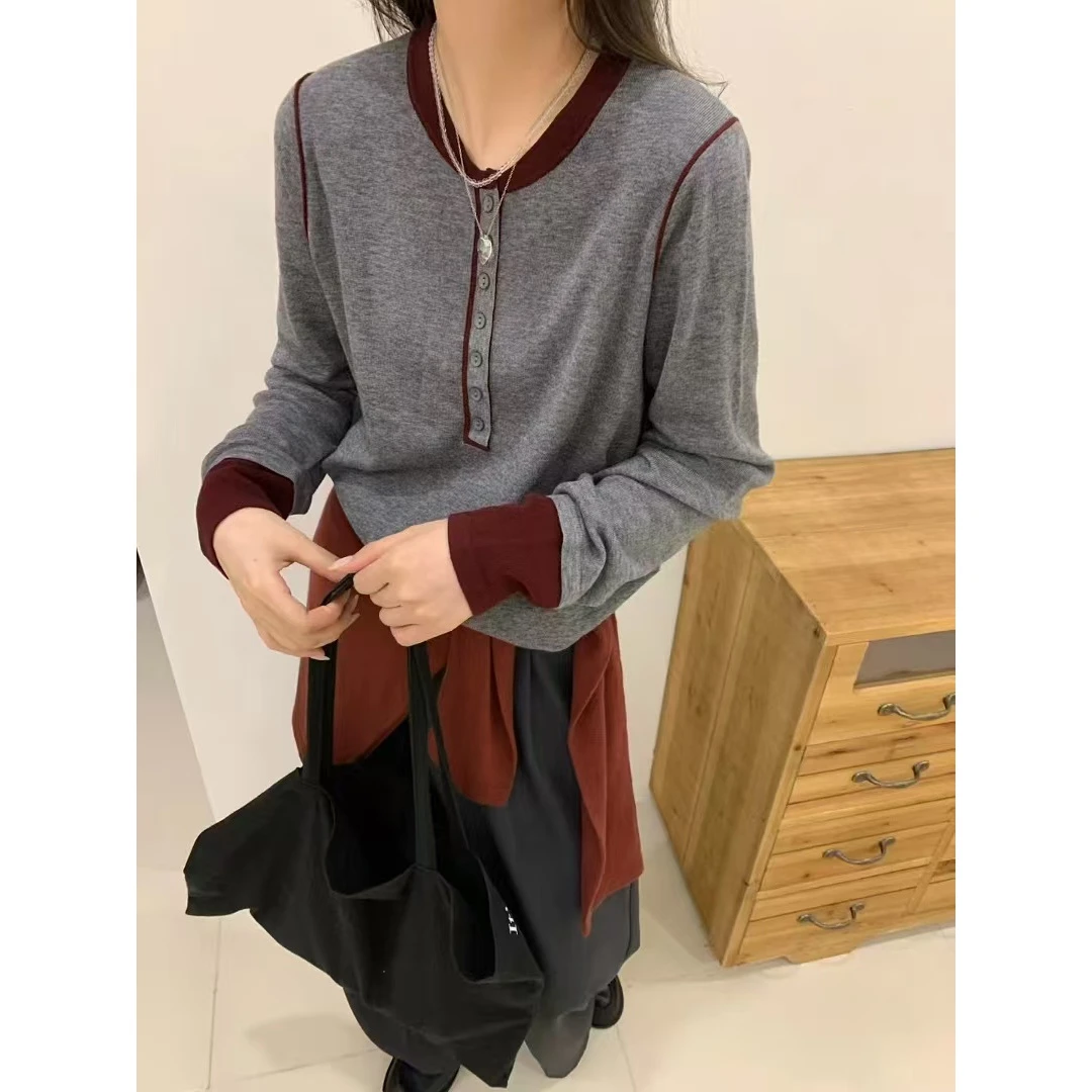 纪凡姬/3939-设计感假两件春季女士显瘦撞色针织打底衫