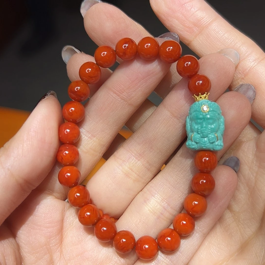 南红玛瑙手链18K金镶嵌红***瘦