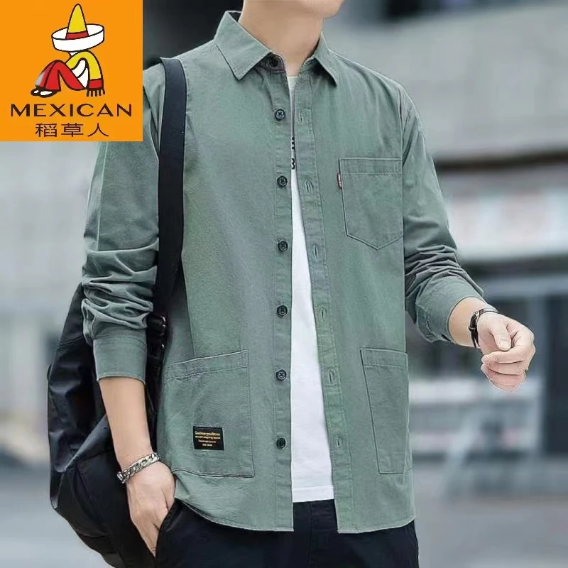 100%纯棉稻草人正品男士长袖衬衫工装衬衣外套男全棉多口袋上衣