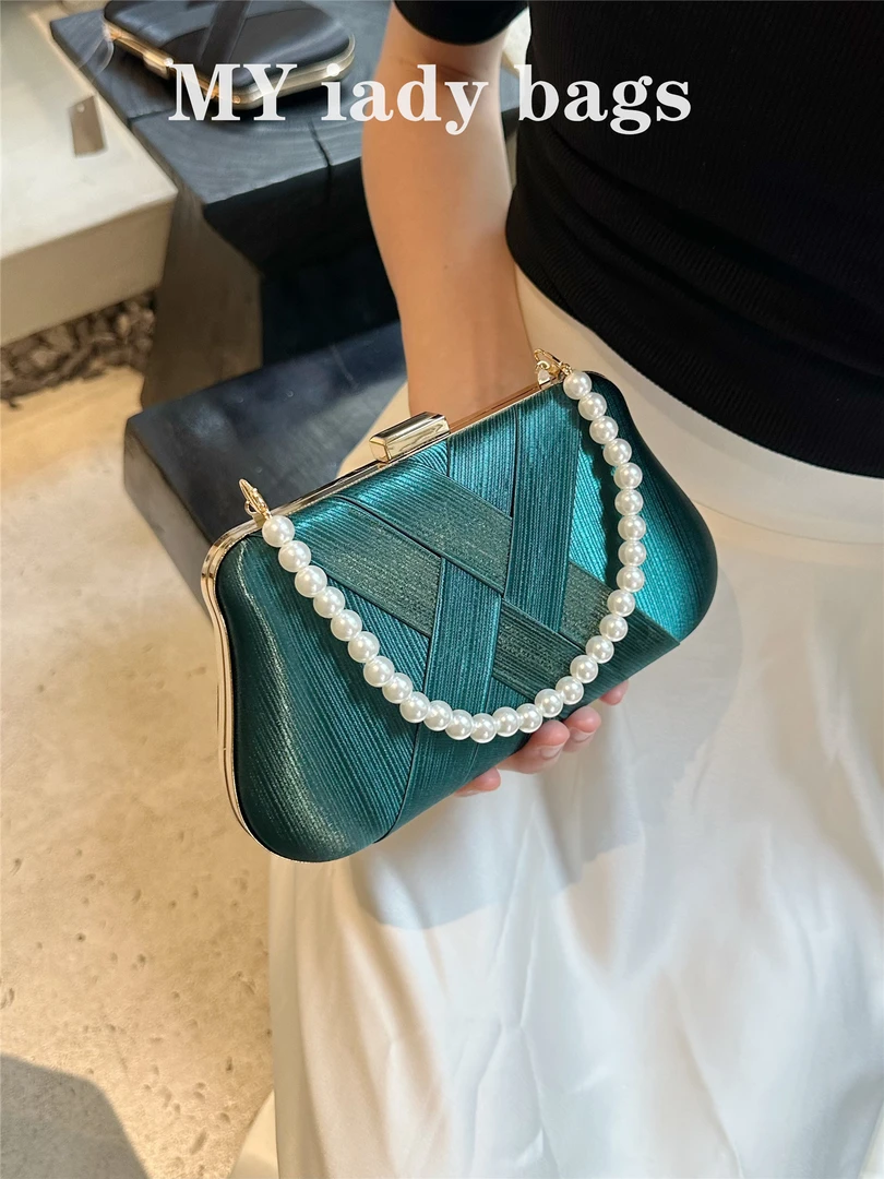 202新品珍珠褶皱缎面编织金属流苏圆筒晚宴会礼服手拿斜跨女小包